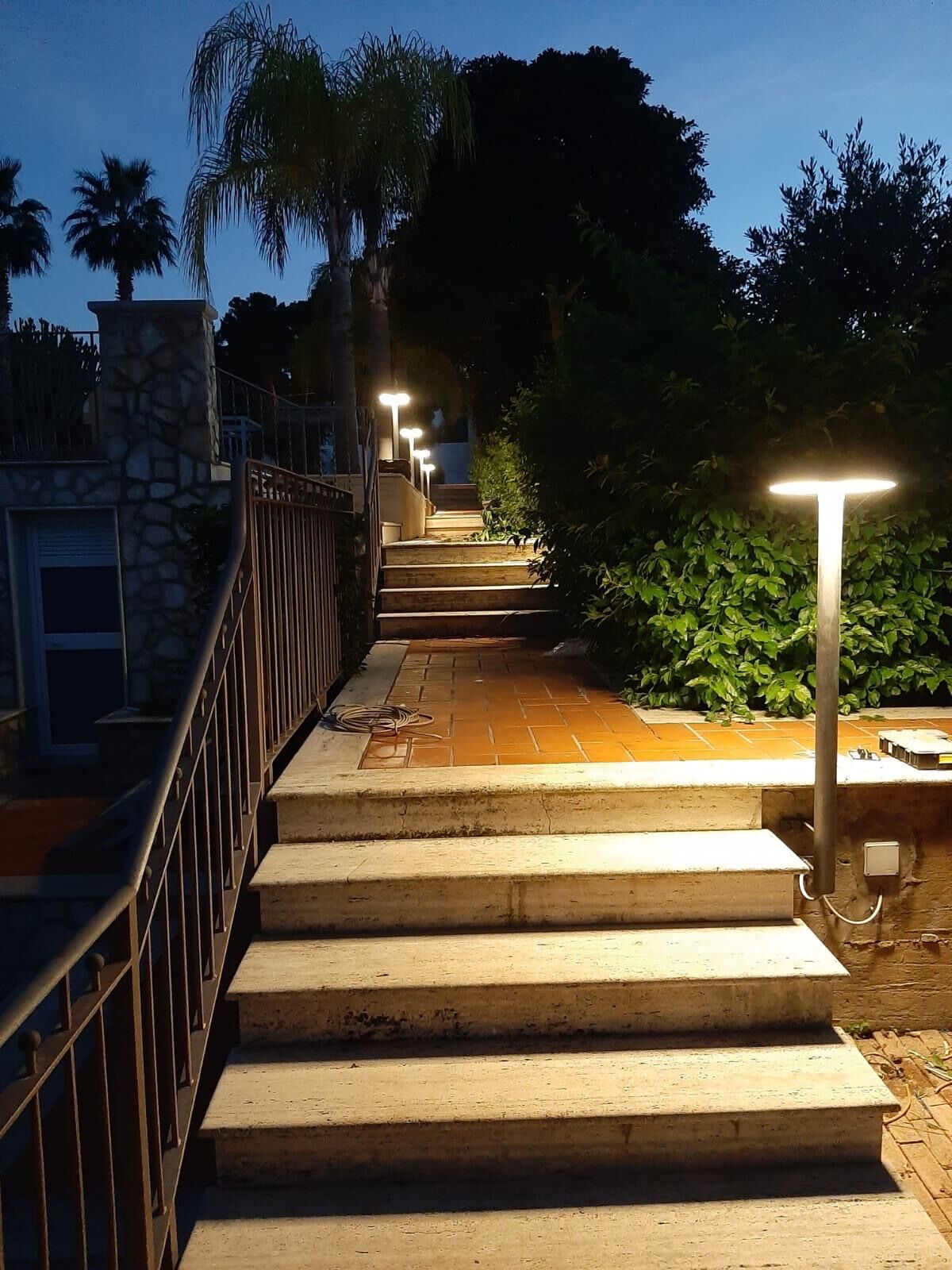 Garden steps softly lit at night